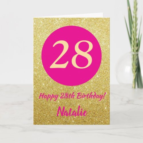 28th Happy Birthday Hot Pink and Gold Glitter Card