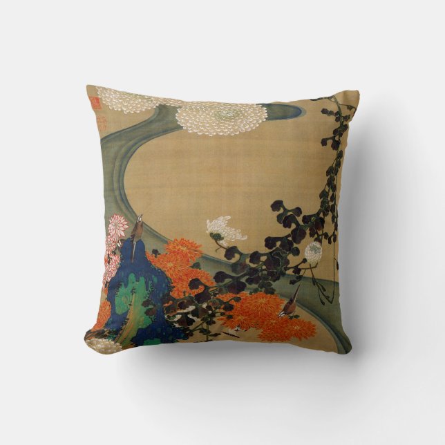 29. 菊花流水図, 若冲 Chrysanthemum & Stream, Jakuchū Throw Pillow (Front)