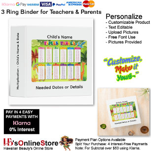29 Learn Multiplication Child's Name Date Teacher  3 Ring Binder