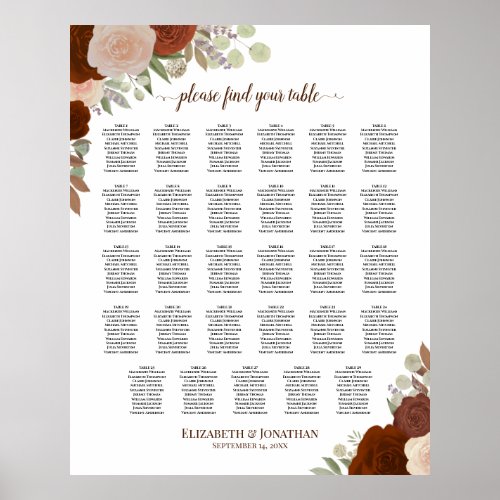 29 Table Autumn Floral Boho Wedding Seating Chart