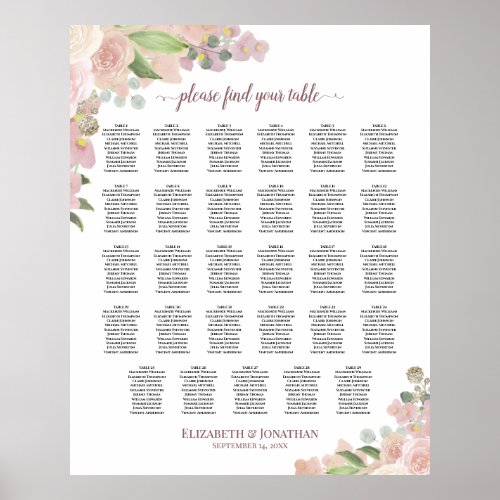 29 Table Elegant Pink Floral Wedding Seating Chart