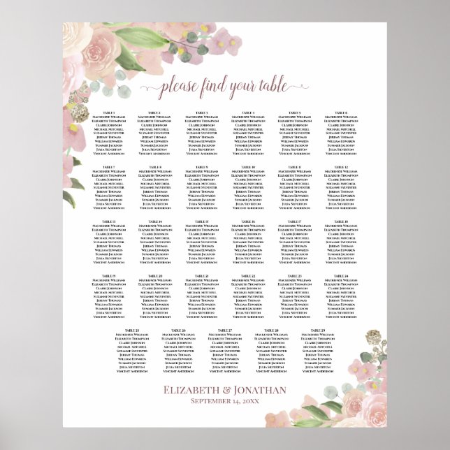 29 Table Elegant Pink Floral Wedding Seating Chart (Front)