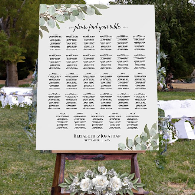 29 Table Eucalyptus Foliage Wedding Seating Chart Foam Board (In Situ on Stand with Flowers)