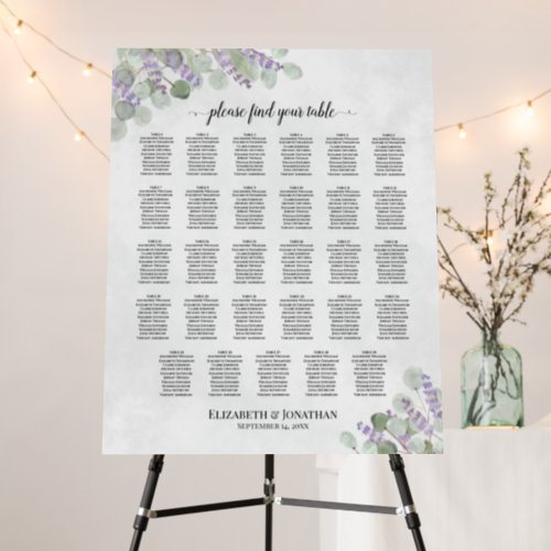 29 Table Eucalyptus Lavender Wedding Seating Chart Foam Board