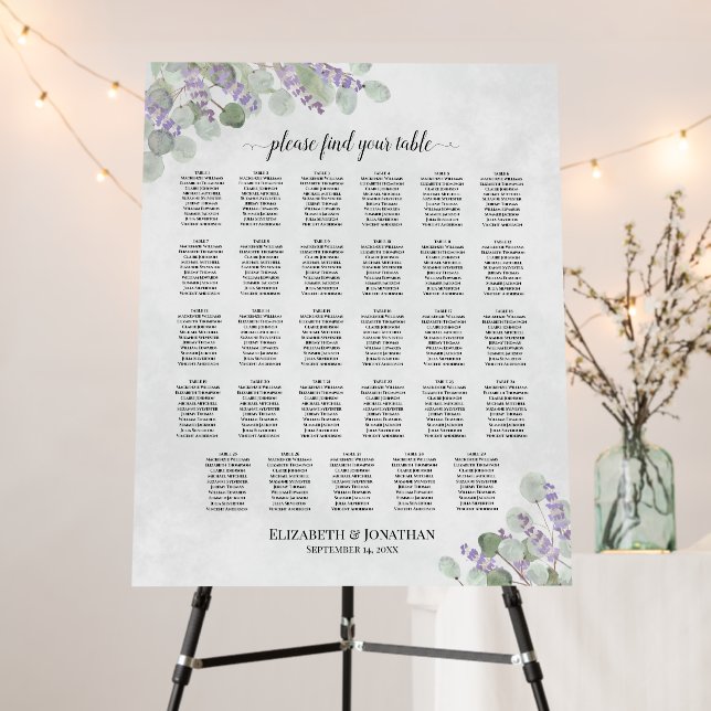 29 Table Eucalyptus Lavender Wedding Seating Chart Foam Board (In Situ (Stand))