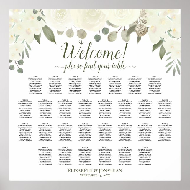 29 Table Ivory White Roses Wedding Seating Chart (Front)