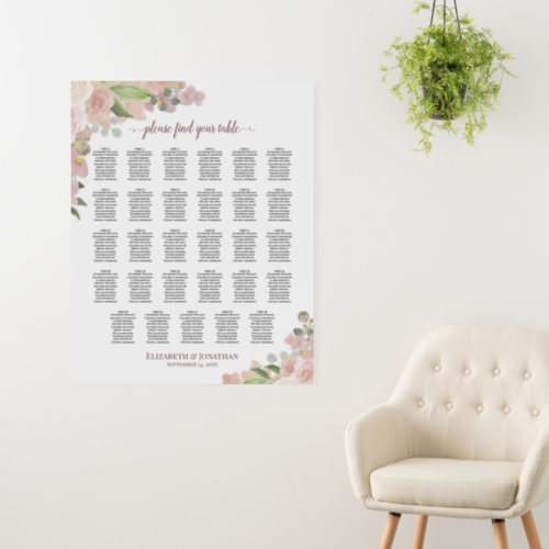 29 Table Pink Boho Roses Wedding Seating Chart Foam Board