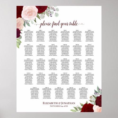 29 Table Red  Pink Floral Wedding Seating Chart