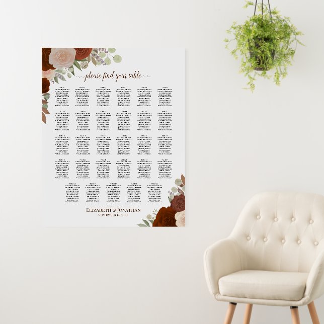 29 Table Rust Orange Roses Wedding Seating Chart Foam Board (In Situ (Wall))