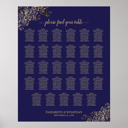 29 Table Wedding Seating Chart Navy Blue  Gold