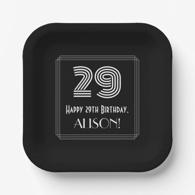 29th Birthday — Art Deco Inspired Look “29” + Name Paper Plates (Front)