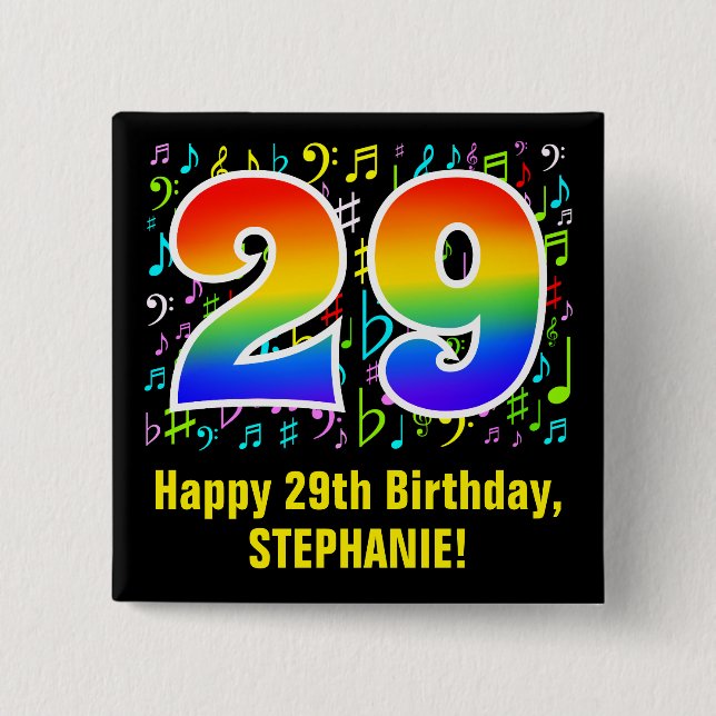 29th Birthday: Colorful Music Symbols, Rainbow 29 Button (Front)
