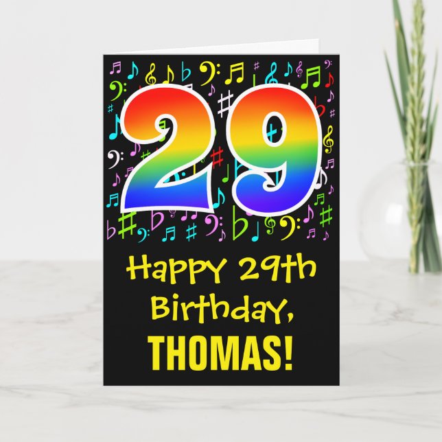 29th Birthday: Colorful Music Symbols + Rainbow 29 Card (Front)