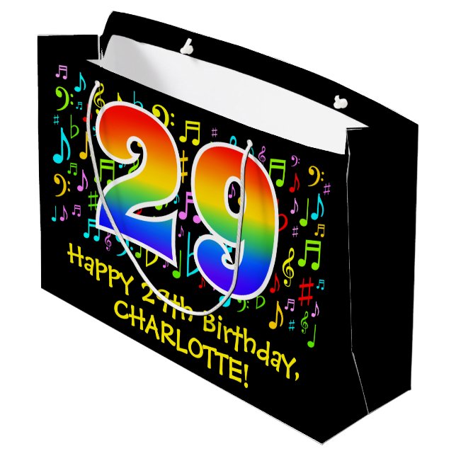 29th Birthday - Colorful Music Symbols, Rainbow 29 Large Gift Bag (Back Angled)