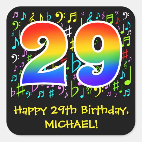 29th Birthday Colorful Music Symbols Rainbow 29 Square Sticker