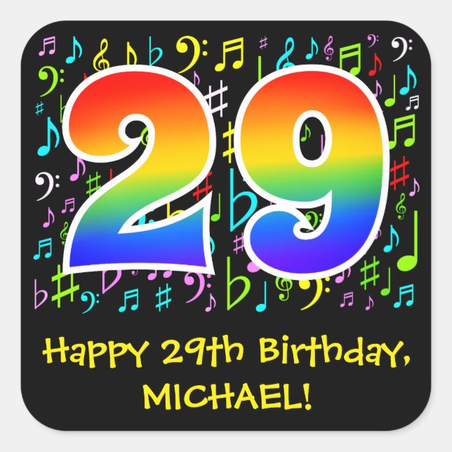 29th Birthday: Colorful Music Symbols, Rainbow 29 Square Sticker (Front)
