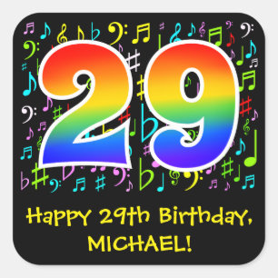 29th Birthday: Colorful Music Symbols, Rainbow 29 Square Sticker
