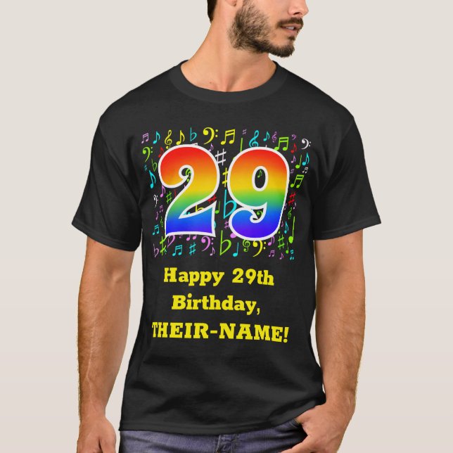 29th Birthday: Colorful Music Symbols, Rainbow 29 T-Shirt (Front)
