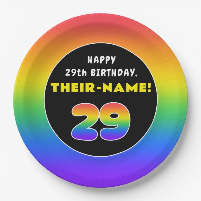 29th Birthday: Colorful Rainbow # 29, Custom Name Paper Plates (Front)