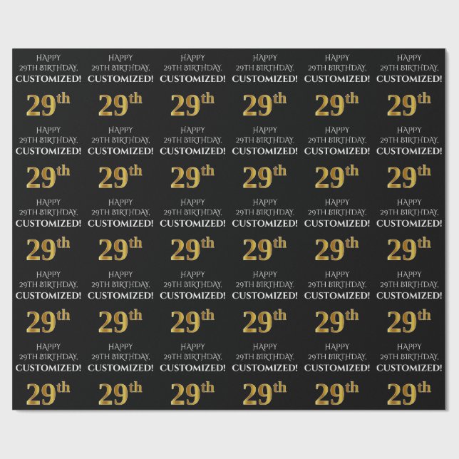 29th Birthday: Elegant, Black, Faux Gold Look Wrapping Paper (Flat)
