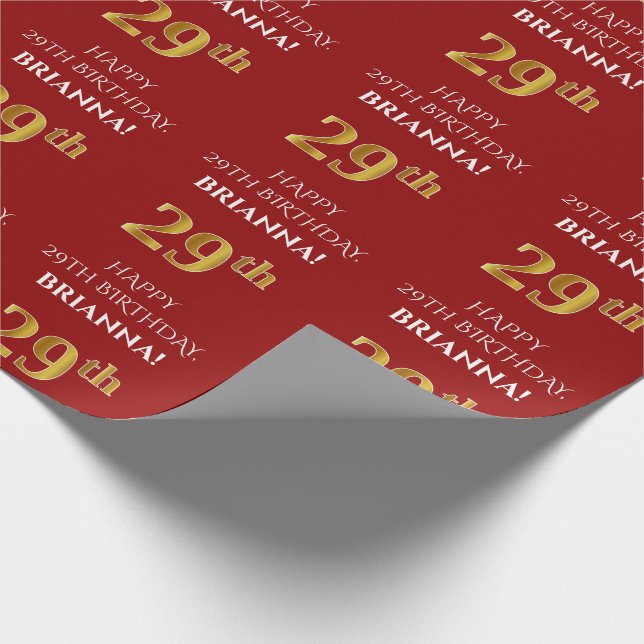 29th Birthday: Elegant, Red, Faux Gold Look Wrapping Paper (Corner)