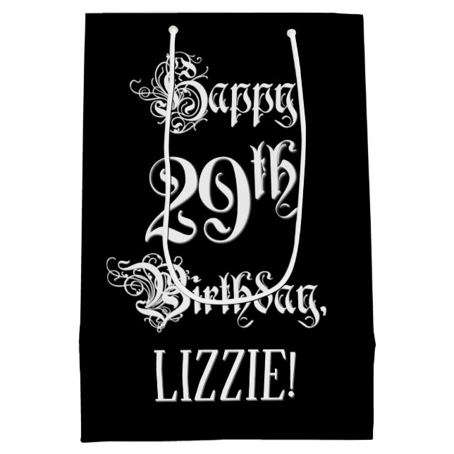 29th Birthday: Fancy, Elegant Script + Custom Name Medium Gift Bag (Back)