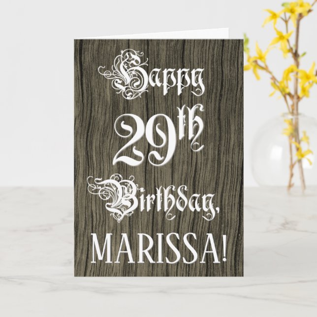 29th Birthday: Fancy, Elegant Text; Faux Wood Look Card (Yellow Flower)
