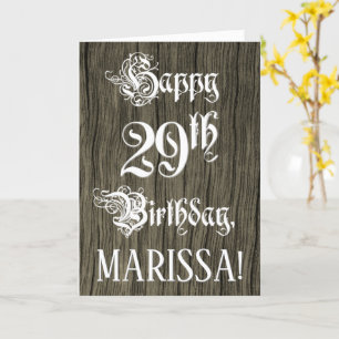 29th Birthday: Fancy, Elegant Text; Faux Wood Look Card