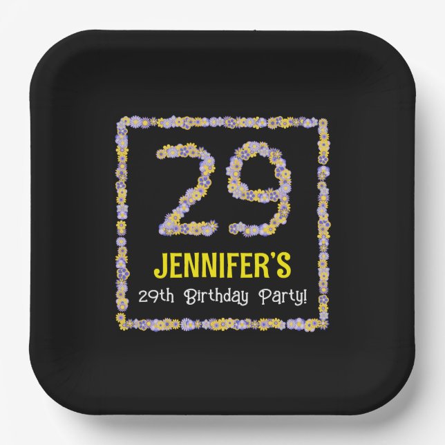 29th Birthday: Floral Flowers Number, Custom Name Paper Plates (Front)
