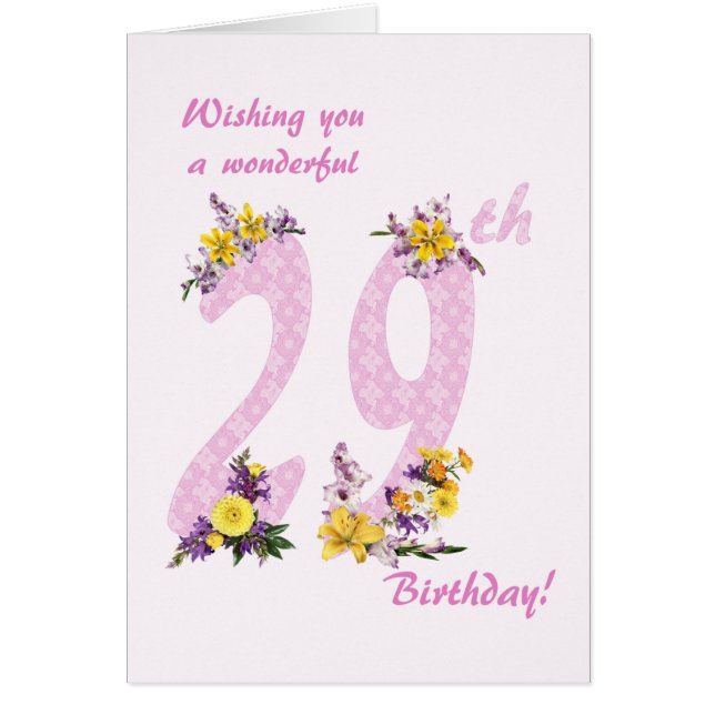 29th Birthday Flower Decorated Numbers Cards (Front)