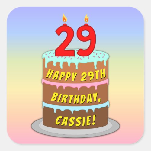 29th Birthday Fun Cake and Candles  Custom Name Square Sticker