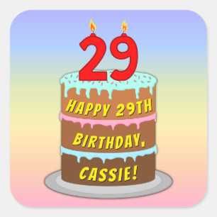 29th Birthday: Fun Cake and Candles + Custom Name Square Sticker