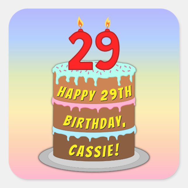 29th Birthday: Fun Cake and Candles + Custom Name Square Sticker (Front)
