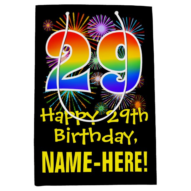 29th Birthday: Fun Fireworks Pattern + Rainbow 29 Medium Gift Bag (Front)