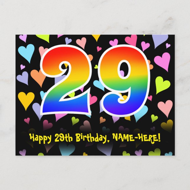 29th Birthday: Fun Hearts Pattern, Rainbow 29 Postcard (Front)