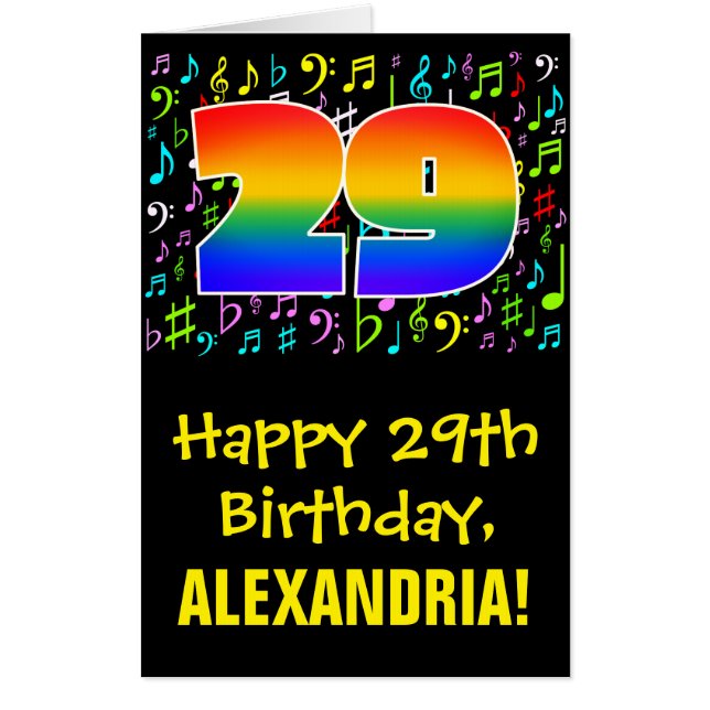 29th Birthday: Fun Music Symbols + Rainbow # 29 Card (Front)