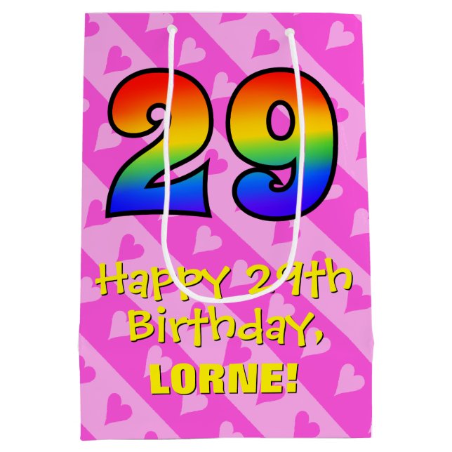 29th Birthday: Fun Pink Hearts Stripes; Rainbow 29 Medium Gift Bag (Back)