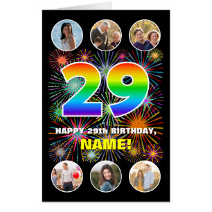 29th Birthday: Fun Rainbow #, Custom Name + Photos Card
