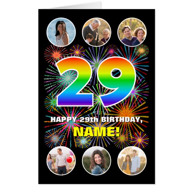 29th Birthday: Fun Rainbow #, Custom Name + Photos Card (Front)
