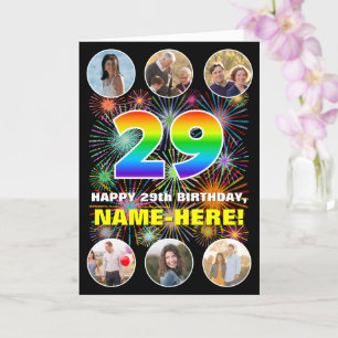 29th Birthday: Fun Rainbow #, Custom Name & Photos Card