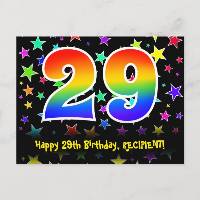 29th Birthday: Fun Stars Pattern, Rainbow 29, Name Postcard (Front)