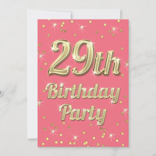 29th Birthday Gold Bling Typography Confetti Pink Invitation