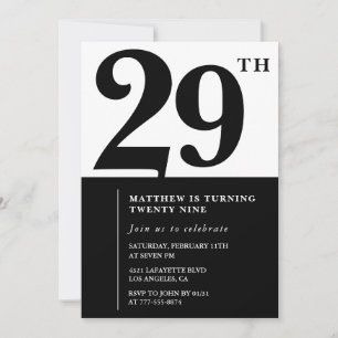 29th birthday invitations Black and White Elegant