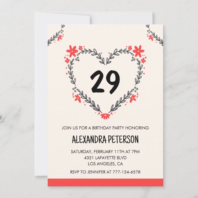 29th birthday invitations for her floral heart (Front)