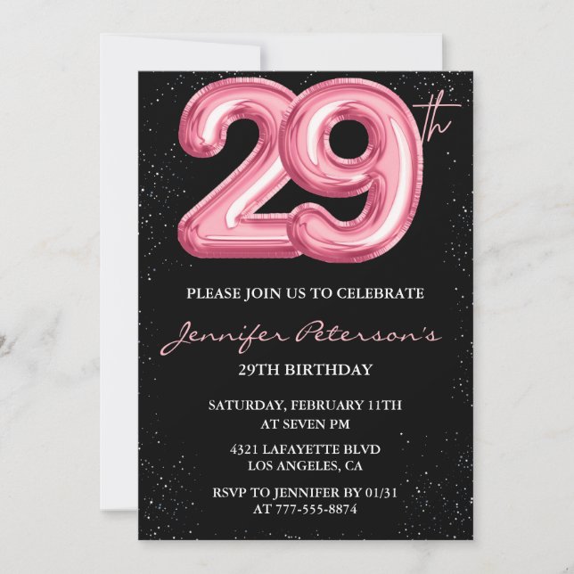 29th birthday invitations Pink Balloon Glam Black (Front)