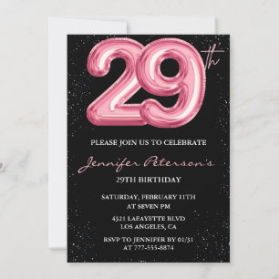 29th birthday invitations Pink Balloon Glam Black