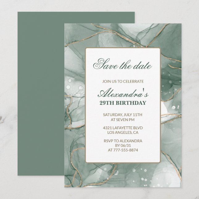 29th birthday invitations Save the date Green (Front/Back)