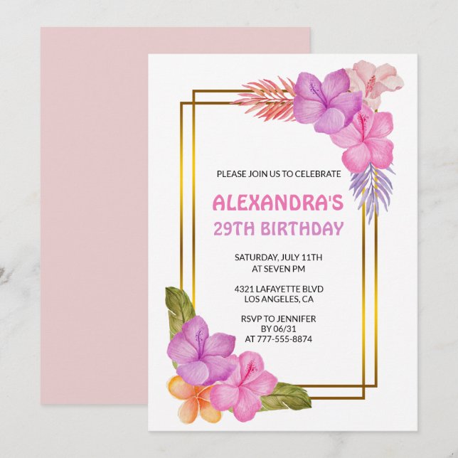 29th birthday invitations Tropical Floral Pink (Front/Back)