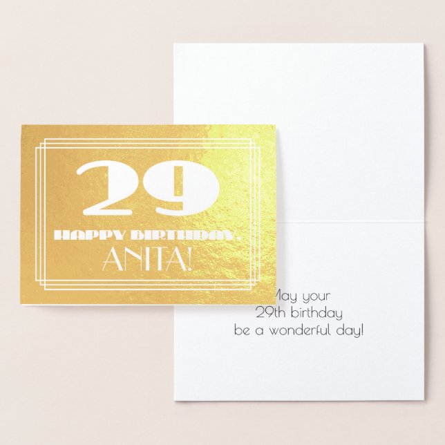 29th Birthday: Name + Art Deco Inspired Look "29" Foil Card (Display)