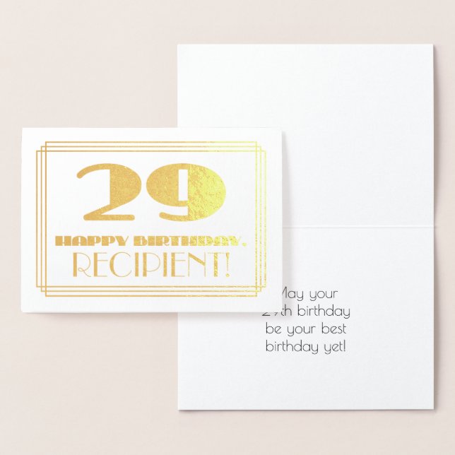 29th Birthday; Name + Art Deco Inspired Look "29" Foil Card (Display)